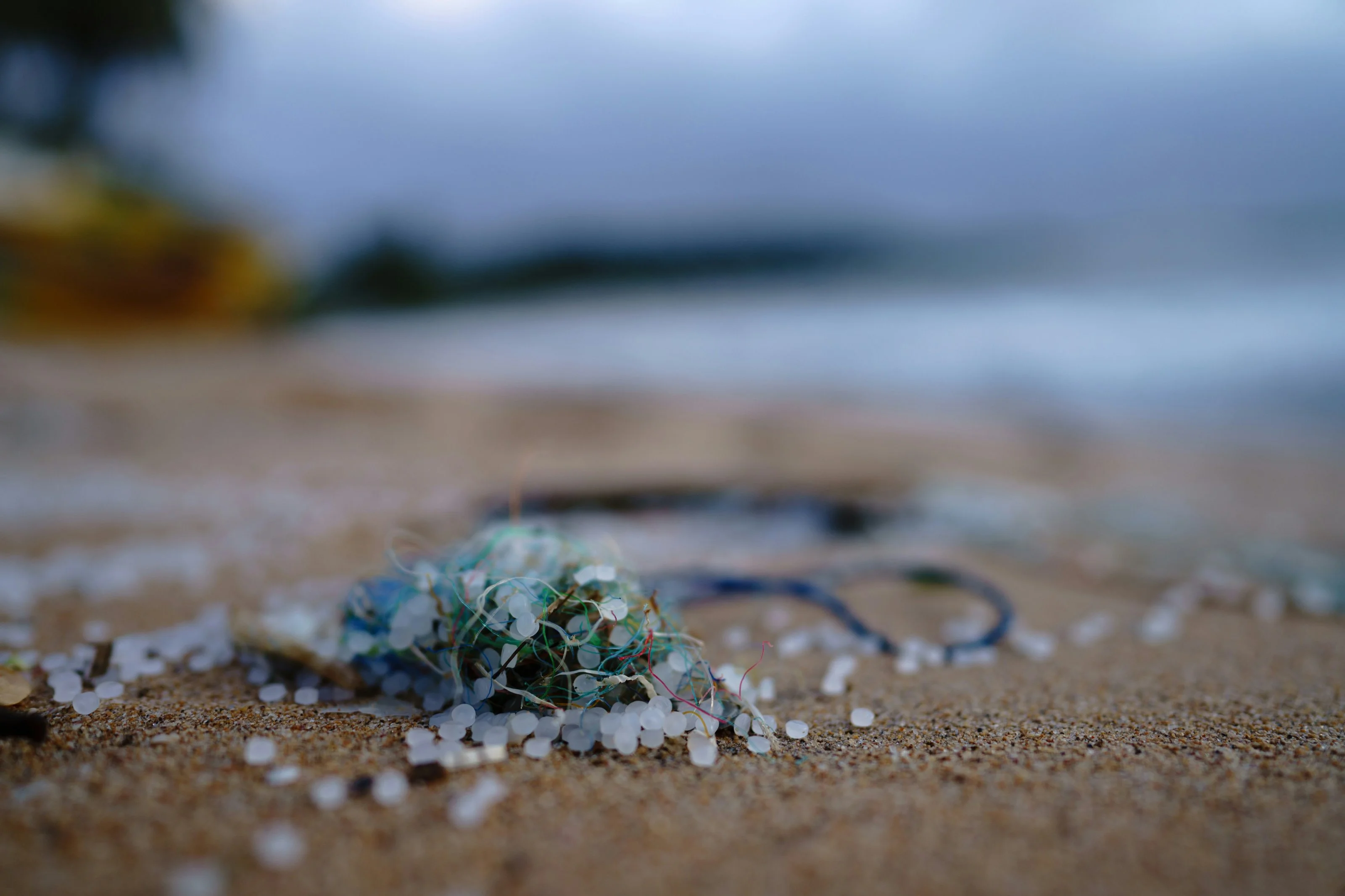 Plastic pellets and tangled line on a beach